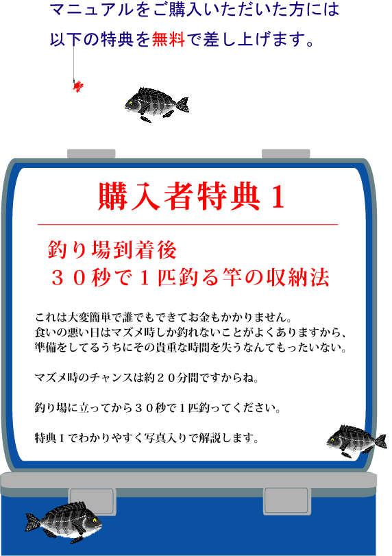 マニュアルをご購入いただいた方には以下の特典を無料で差し上げます。特典１【釣り場到着後３０秒で１匹釣る　竿の収納法】これは大変簡単で誰でもできてお金もかかりません。食いの悪い日はマズメ時しか釣れないことがよくありますから、準備をしてるうちにその貴重な時間を失うなんてもったいない。マズメ時のチャンスは約２０分間ですからね。釣り場に立ってから３０秒で１匹釣ってください。特典１でわかりやすく写真入りで解説します。